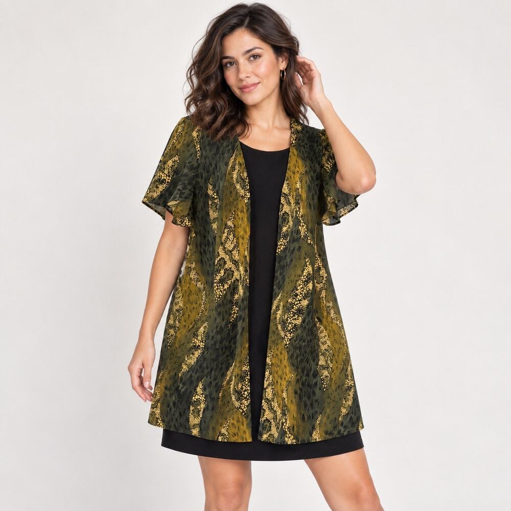 Vintage Shift Dress Women's Size XL Green Black Attached Cardigan Knee Length